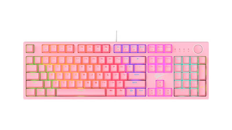 imagem de um teclado rosa da Havit com iluminação RGB