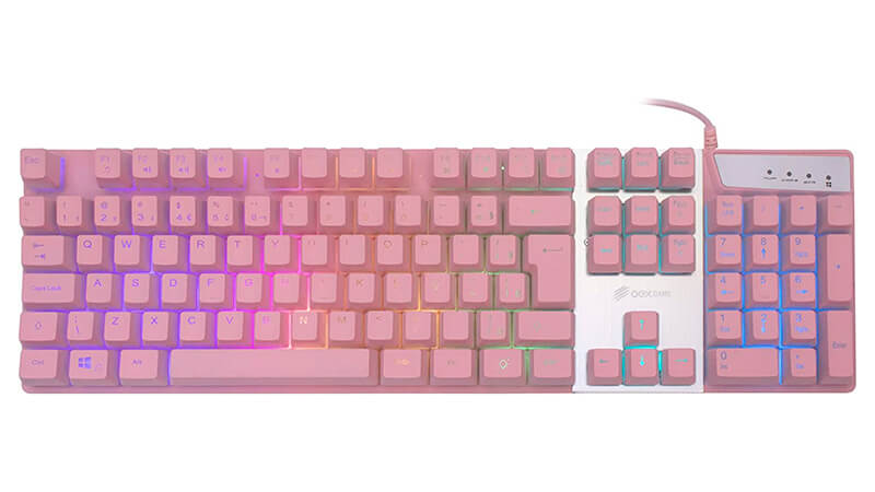 imagem de um teclado rosa da OEX com iluminação colorida