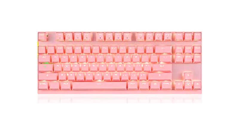 imagem de um teclado Motospeed GK82 na cor rosa com iluminação em LED na cor branca