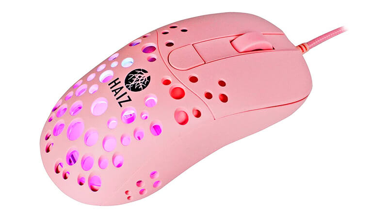 imagem de um mouse Haiz na cor rosa com design de colmeia e iluminação