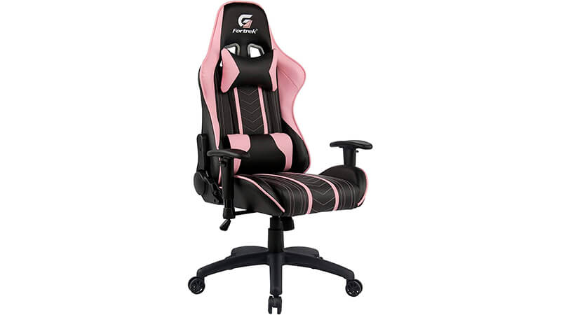 imagem de uma cadeira gamer rosa e preta da Fortrek