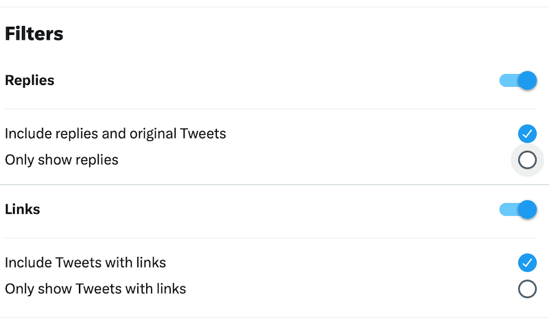 Twitter advanced search page section with the filters you can select.