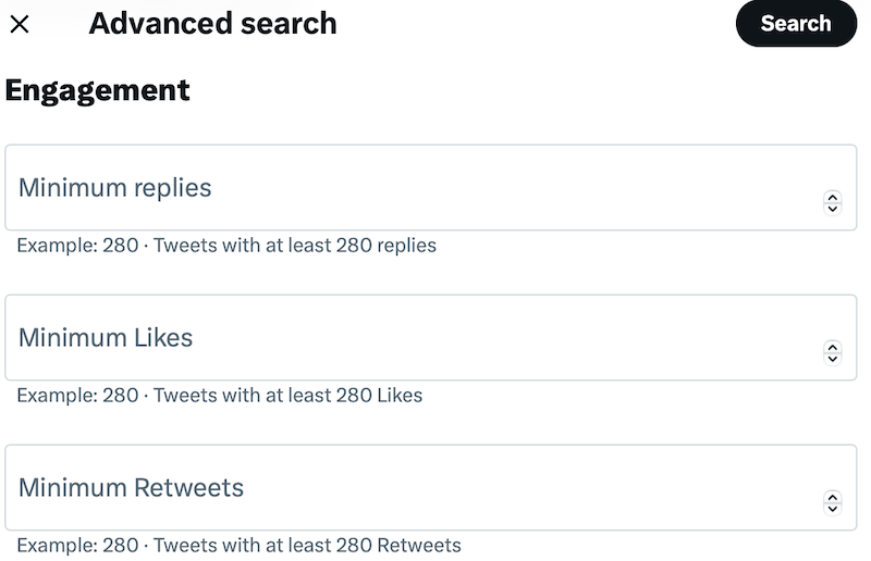 Twitter advanced search showign the engament filters you can use.