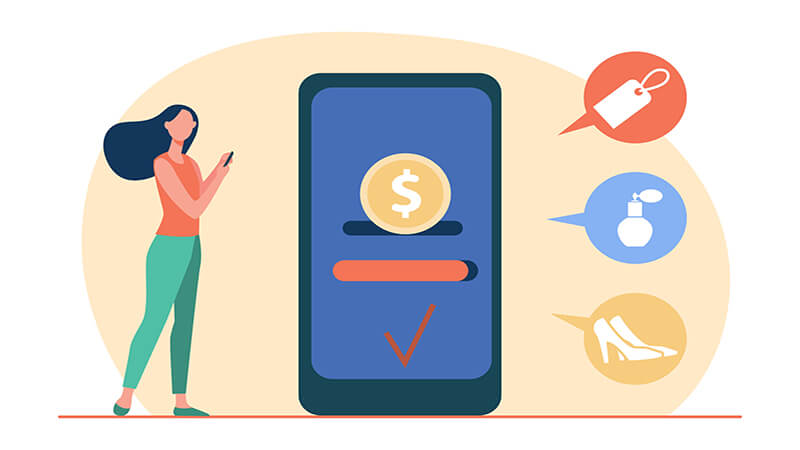 Imagem de uma mulher em pé segurando um celular e um celular com uma moeda na tela