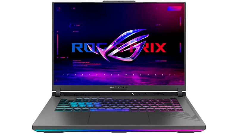 foto do notebook gamer Asus ROG Strix na cor cinza com teclado iluminado em RGB