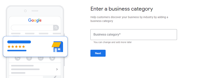 Google My Business page to enter a business category