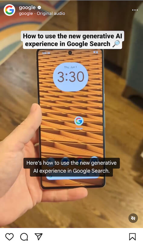 Google Instagram post explaining how to use the new generative AI experience in Google Search.