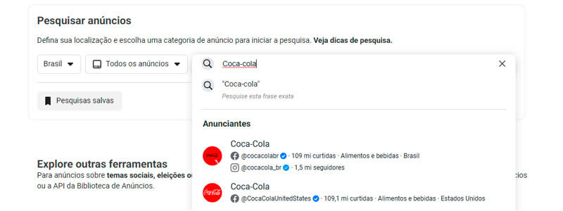 captura de tela do texto "Coca-cola" na barra de pesquisa da biblioteca de anúncios