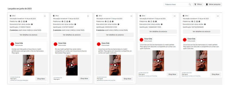 captura de tela do resultado da busca "coca-cola" na biblioteca de anúncios