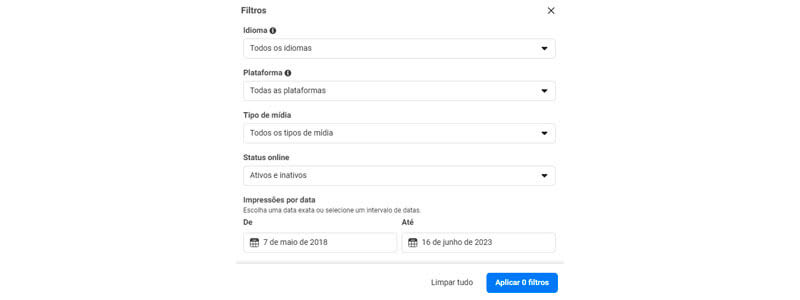 filtro de busca mostrando as opções idioma, plataforma, tipo de mídia, status online e impressões por data