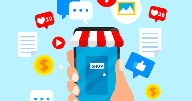THe image shows a smartphone, in the screen it's written "shop". Around the smartphone there are several message icons.