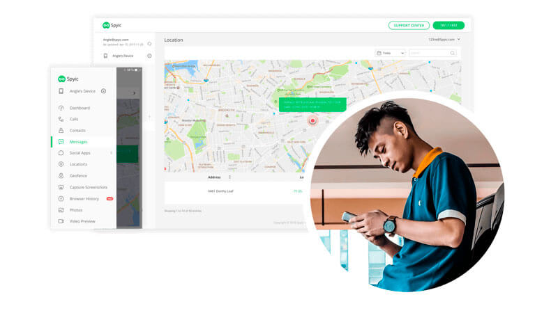 imagem que mostra a interface mobile e web da ferramenta Spyic ao lado de um rapaz mexendo no celular