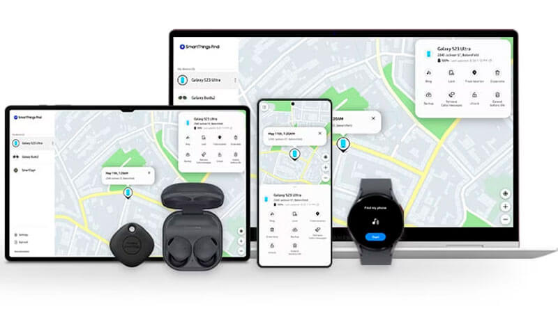imagem que mostra um smartphone, um tablet, um notebook, um par de fones e um relógio inteligente conectados ao Smart Things Find da Samsung