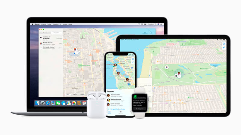 imagem que mostra um Macbook, um iPad, um iPhone, um Applewatch e um Airpods conectados ao sistema de rastreio do iCloud