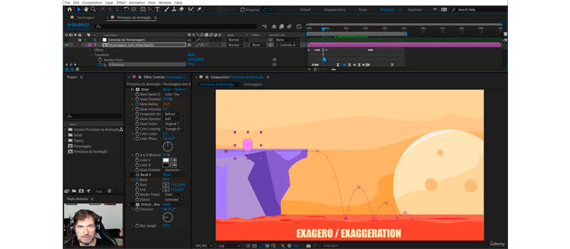 Captura de tela do momento que o professor do curso de after effects está ensinando sobre exager e com o programa aberto