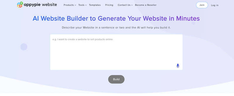 AppyPie AI website builder page