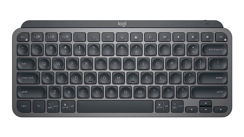 imagem de um teclado sem fio Logitech MX Keys na cor cinza com iluminação em LED branco