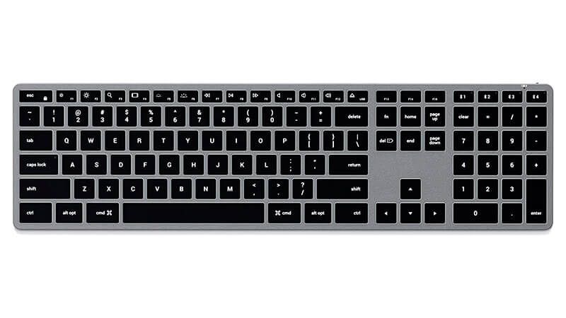 imagem de um teclado sem fio Satechi Slim X3 na cor branca e preta com iluminação em LED branco