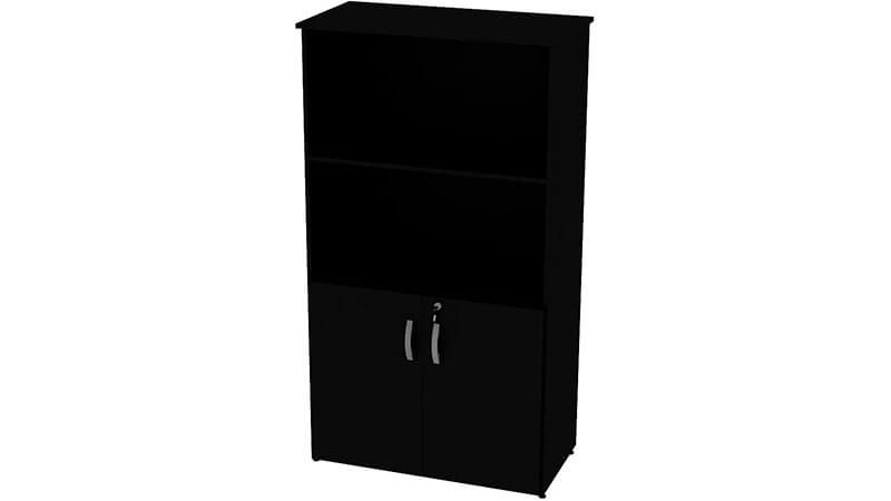 imagem de um armário para escritório na cor preta com duas prateleiras e duas portas