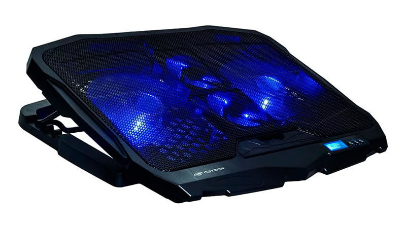 imagem de um suporte com cooler para notebook da C3Tech com quatro ventoinhas iluminadas com LED azul