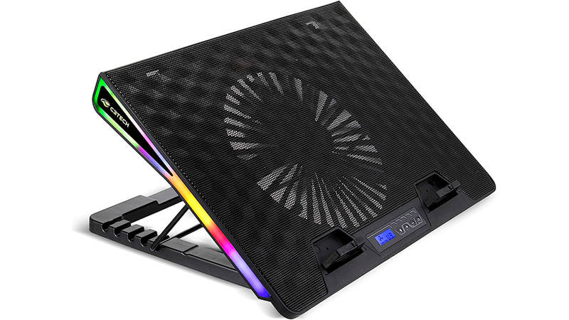 imagem de um suporte com cooler para notebook da C3Tech com uma ventoinhas e iluminação em LED colorido na lateral