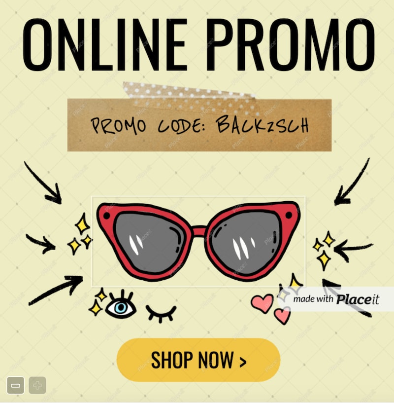  Website banner template where it's written "Online promo, promo code:back2sch, shop now". Ther is an illustration of a sunglass in the middle.