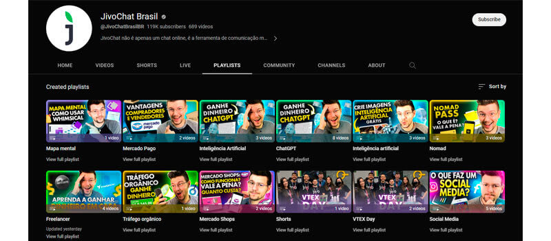 mostrando dica de como crescer no youtube apresentando playlists de vídeos do canal jivochat brasil