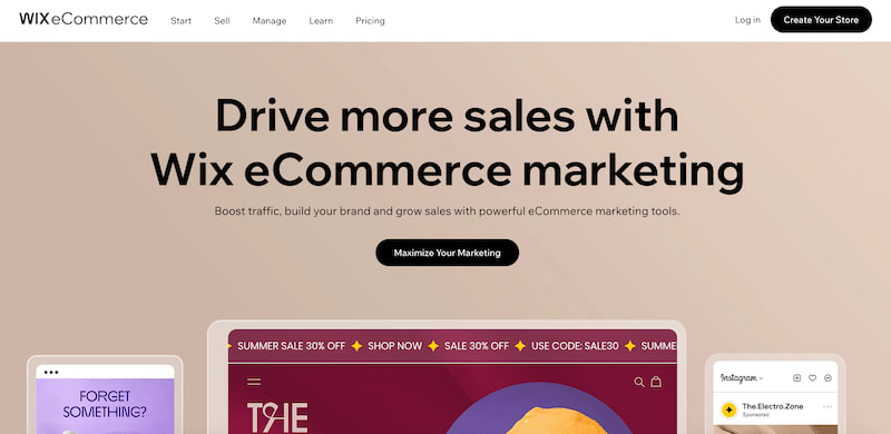 Wix ecommerce marketing page