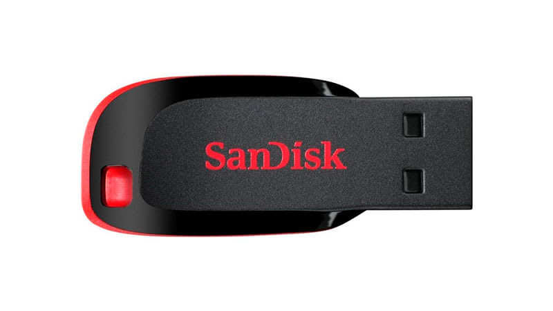 imagem de um pen drive de 16GB SanDisk com design na cor preta e vermelha