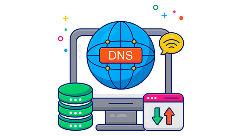 Ilustração de um notebook e um servidor DNS e setas conectando