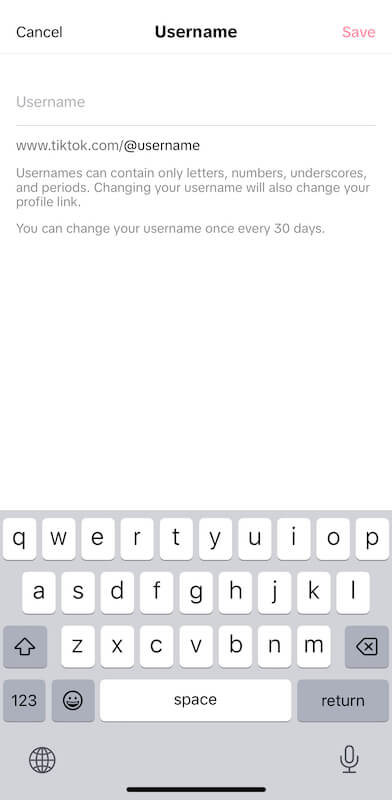 Change username page on TikTok