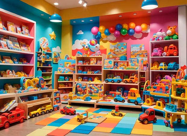 Foto de uma loja infantil com várias prateleiras com brinquedos