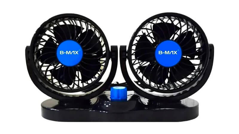 imagem de um ventilador portátil automotivo duplo da B-Max na cor preta com cinco pás cada 