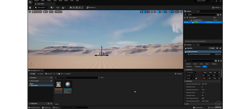 Captura de tela do curso de Unreal Engine mostrando a modelagem de terreno