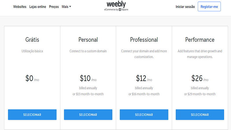 Planos da Weebly