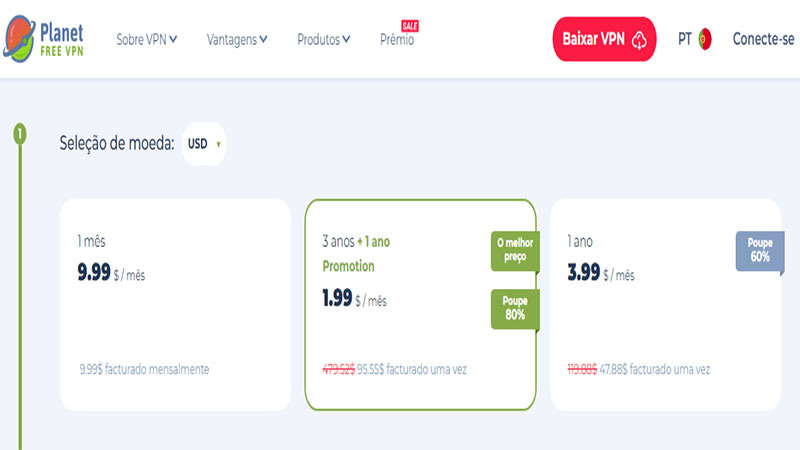 Captura da tela do site do Free VPN Planet