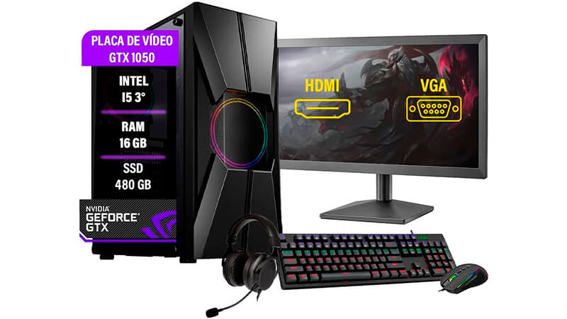 imagem de um computador gamer completo com gabinete, monitor, mouse, teclado, fone de ouvido e uma lista com os componentes ao lado esquerdo