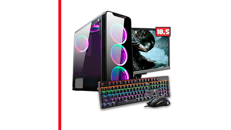 imagem de um computador gamer completo com gabinete, monitor, mouse e teclado