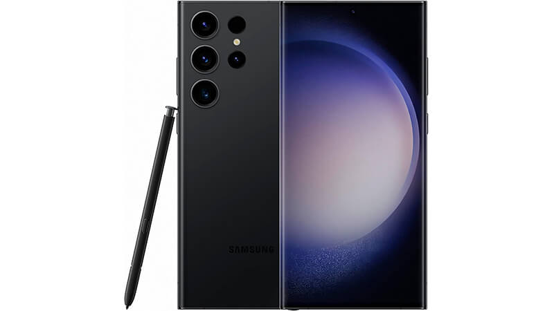 imagem de um smartphone S23 Ultra de frente e de costas com uma S Pen ao lado