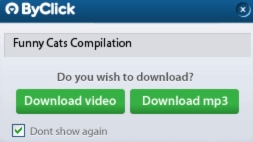 ByClock Downloader pop up asking "Do you wish to download? Download video. Download mp3".