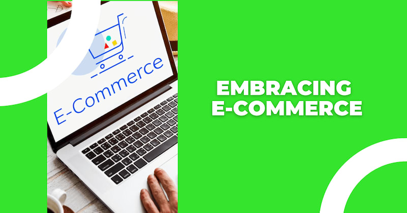 The image shows a laptop, in the screen it's written "E-commerce".