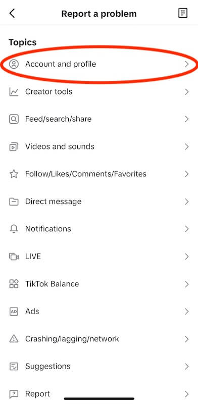 TikTok report a problem menu
