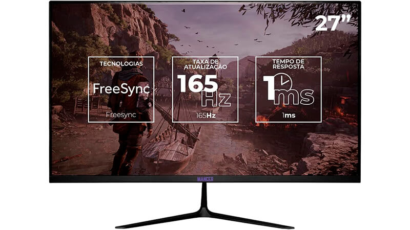 imagem de um monitor 165hz Mancer Horizon de 27 polegadas com algumas informações na tela