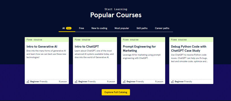 captura de tela da plataforma de cursos code academy mostrando seus cursos mais populares