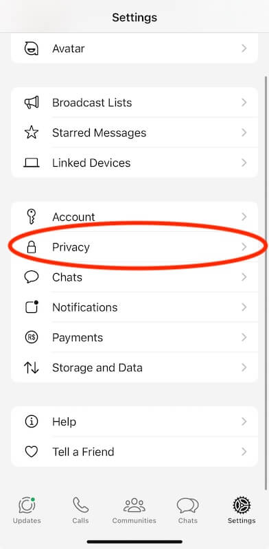 WhatsApp settings menu