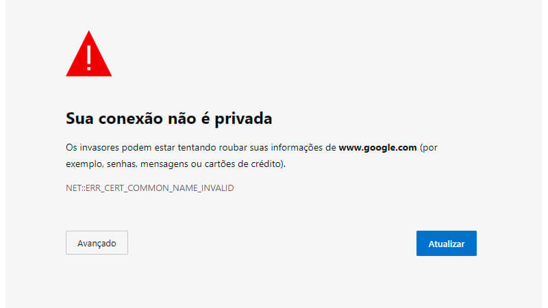 imagem que mostra o erro "sua conexão não é privada" em uma página no Microsoft Edge