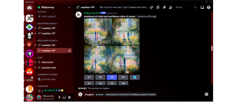 captura de tela mostrando como usar o midjourney no discord para gerar uma imagem ao estilo de uma pintura do monet
