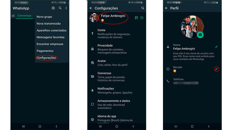 sequência de imagens que mostra como adicionar frases para colocar no recado do whatsapp