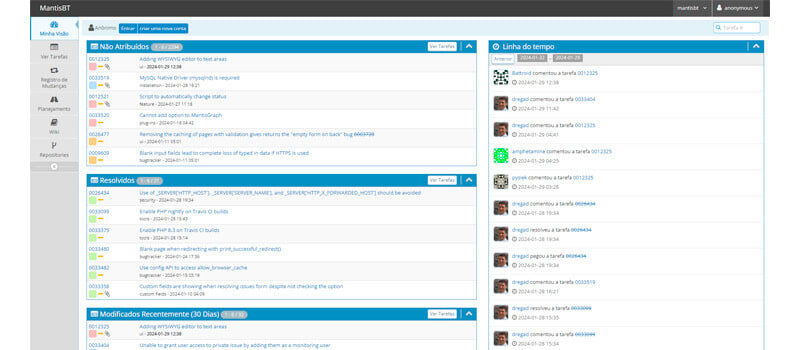 captura de tela do help desk gratuito mantis bug tracker
