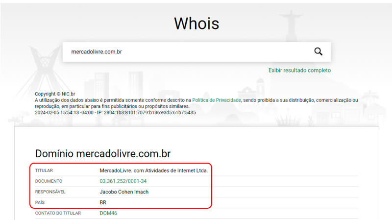 captura de tela mostrando o resultado da busca de informações de um dono de domínio